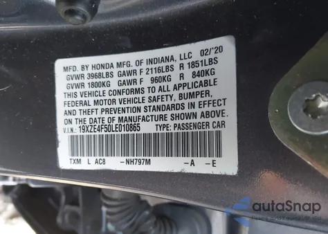 2020 Honda Insight Ex из США, поврежденный, VIN 19XZE4F50LE010865